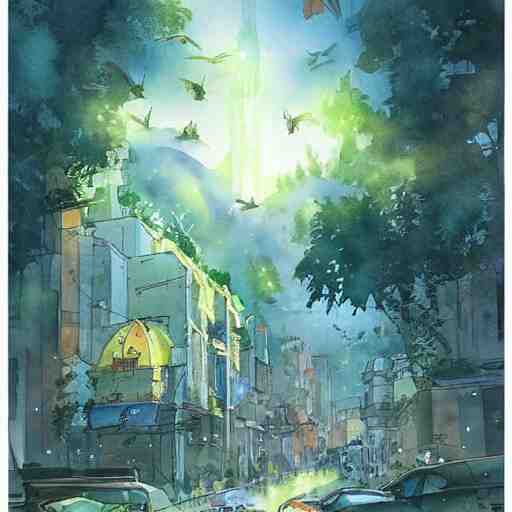 Beautiful happy picturesque charming sci-fi city in harmony with nature. Nice colour scheme, soft warm colour. Beautiful detailed watercolor by Lurid. (2022)