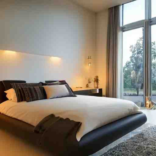 a futuristic furnished bedroom with a large window at sunset, godrays, luxury white bed, warm lighting