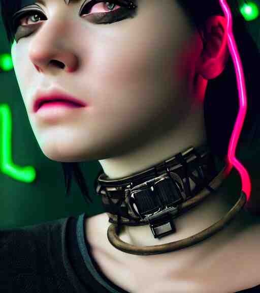 detailed realistic female character cyberpunk wearing thick steel collar around neck, realistic, art, beautiful, 4K, collar, choker, collar around neck, punk, artstation, detailed, female, woman, choker, cyberpunk, neon, punk, collar, choker, collar around neck, thick collar, tight around neck, punk, choker, neon, neon, cyberpunk, technological