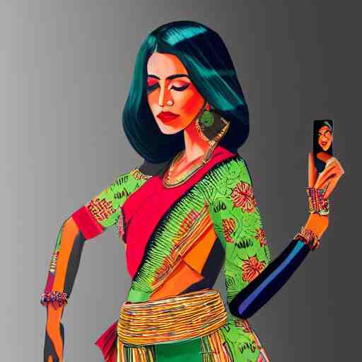 fashion designer color sketch illustration of a beautiful girl wearing modern stylish costume in the style of Assamese bihu mekhela sador design gamosa, elegant glamourous cosplay, unreal engine 8k, ornamental, intricate, sensual, highly detailed, artstation, golden ratio, sharp focus