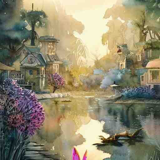 Beautiful happy picturesque charming sci-fi town in harmony with nature. Beautiful light. Water and plants. Nice colour scheme, soft warm colour. Beautiful detailed watercolor by Lurid. (2022)