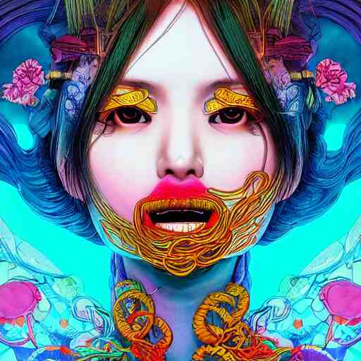 the face of an unbelievably beautiful and pretty japanese girl partially made of onion rings of all colors looking down, an ultrafine detailed illustration by james jean, final fantasy, intricate linework, bright colors, behance contest winner, vanitas, angular, altermodern, unreal engine 5 highly rendered, global illumination, radiant light, detailed and intricate environment 