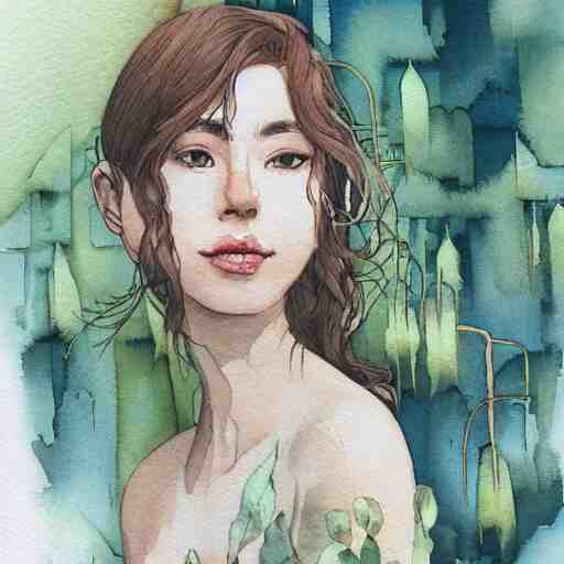 Woman in a beautiful happy picturesque charming sci-fi city in harmony with nature. Beautiful light. Water and plants. Nice colour scheme, soft warm colour. Beautiful detailed watercolor by Lurid. (2022)