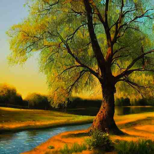 the most beautiful landscape you've ever seen, trees, river, oil on canvas