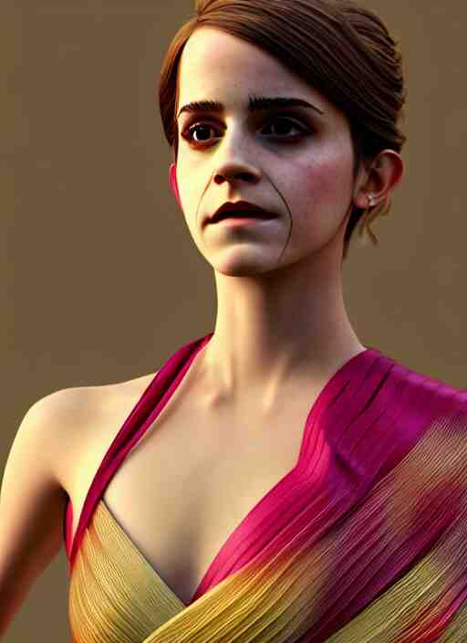 emma watson wearing finely pleated silk bihu mekhela strapless costume expertly draped goddess style dress by madeleine vionnet, assamese gamosa pattern, face by daz 3 d genesis and artgerm concept art 3 d octane render cinema 4 d v ray, unreal engine, hyper realistic hdr fabric textures, ray traced, bright lit cinematic studio fashion photography, real life like, daz iray shaders 