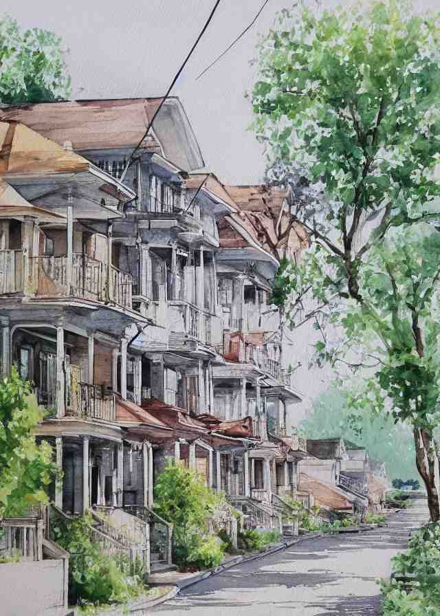 street lined with old residential houses summer watercolor by arti chauhan trending on artstation 