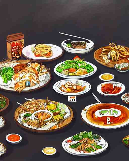 a painting of a table full of korean foods, concept art by taro yamamoto, pixiv contest winner, auto - destructive art, official art, concept art, pixiv 