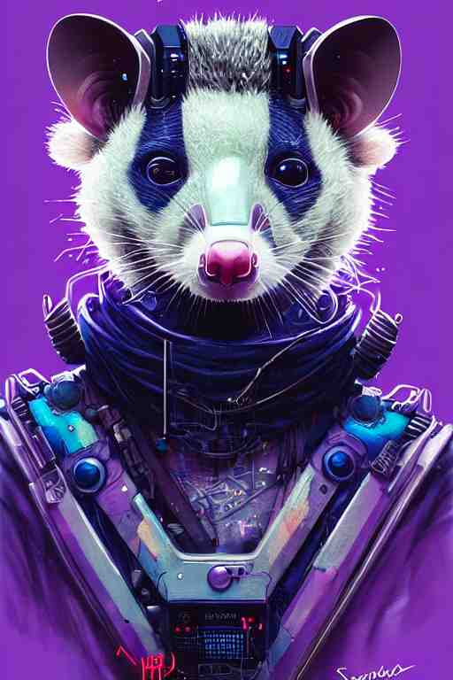 a beautiful portrait of a cute cyberpunk opossum by sandra chevrier and greg rutkowski and wlop, purple blue color scheme, high key lighting, volumetric light, digital art, highly detailed, fine detail, intricate, ornate, complex, octane render, unreal engine, photorealistic 