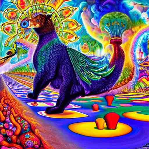 bear riding on a giant peacock through the realms of dmt mario cart race track, painted by lisa frank, alex grey and tim hildebrandt, hyper realism, highly detailed, lsd, psilocybin, sharp focus, sharp contrast, 8 k 