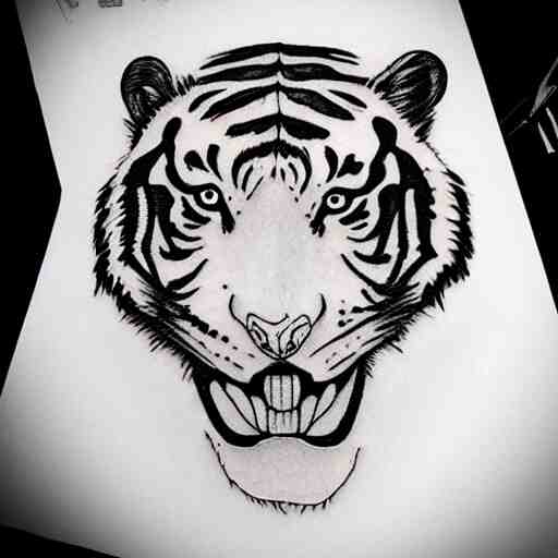 tattoo design of a beautiful girl face, the girl is wearing a tiger head hat, hyper detailed, in the design of eliot kohek 