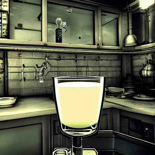 mr. house on the screen holds a faceted glass of milk in one of the manipulators, realism, reflections, metal body, in the kitchen, in the style of fallout 4, 