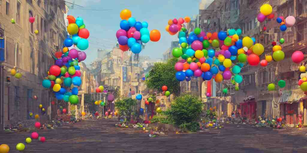 a city street where everything is made from tiny inflatable balloons, hyper real, trending on Art Station, Octane render