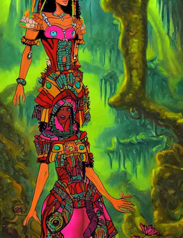 aztec scifi princess of the fungus rainforest, wearing a lovely dress. this oil painting by the beloved children's comic artist has an interesting color scheme and impeccable lighting. 