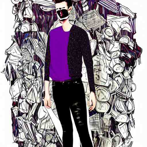 professional sketch of a full-body view of a stylish young adult man with short hair wearing a black face mask, a striped long-sleeved shirt, and ripped jeans, high quality, HD, 8K, highly detailed, award-winning, dark purple clouds