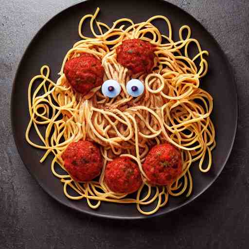 octopus with spaghetti as its tentacles, and a meatball as its body