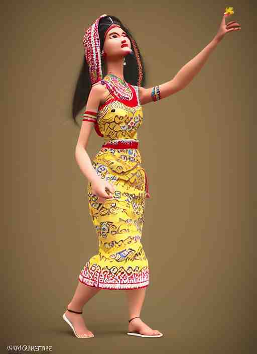 beautiful summer assamese mekehela bihu style floral gamosa dress ; flirtatious, boho - chic, sleeveless, elegant, short skirt length, slimmer demeanor, plethora of colors ; mini dress, highly detailed cute face by wlop ; octane render, unreal engine 5, trending on artstation, 8 k high resolution, global illumination ray tracing ; symmetrical, cinematic, high coherence, hdr fabric textures 