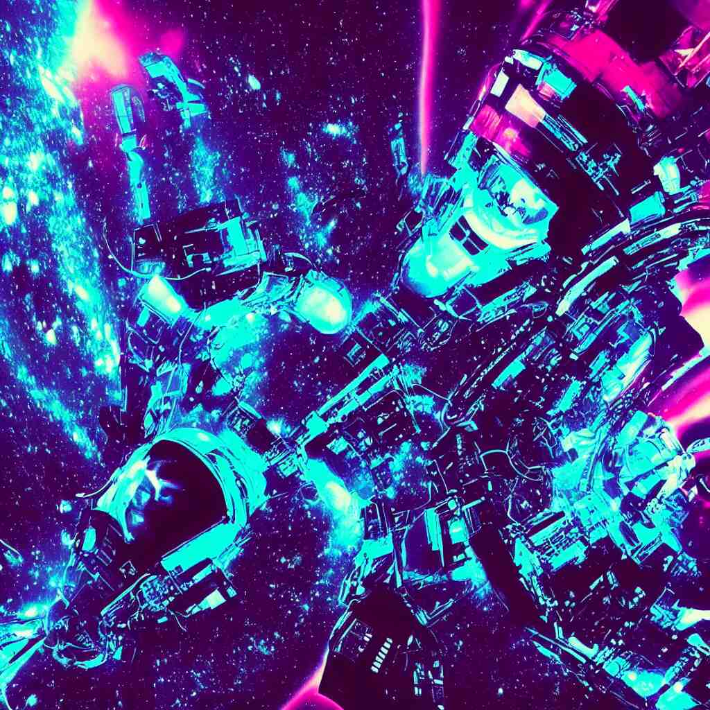 astronaut sucked into blackhole synthwave, glitchy, reflective, holographic, neon 