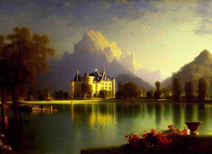 beautiful illustration of chateau in a serene landscape, by albert bierstadt, magic realism, narrative realism, beautiful matte painting, heavenly lighting, retrowave, 4 k hd wallpaper h 7 2 0 