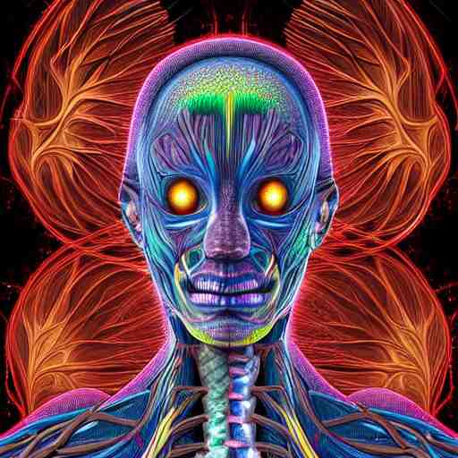 full anterior shot human anatomical render in the style of alex grey, with an ornate fractal background featuring eyes