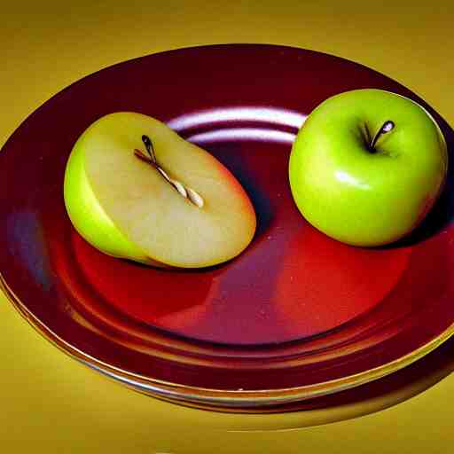 a wide angle side view realistic photo of only 3 apples on a colorful plate, award winning, food photography, by ansel adams 