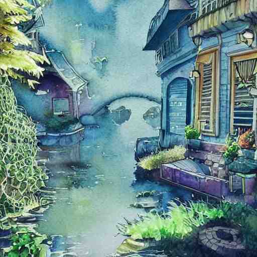 Beautiful happy picturesque charming sci-fi town in harmony with nature. Beautiful light. Water and plants. Nice colour scheme, soft warm colour. Beautiful detailed watercolor by Lurid. (2022)