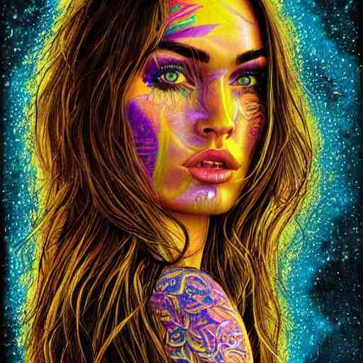 an extremely psychedelic portrait of megan fox, surreal, lsd, face, detailed, intricate, elegant, lithe, highly detailed, digital oth, sharp focus, illustration, 