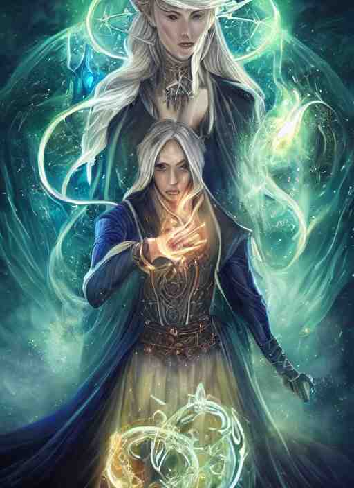 in the style of throne of glass book cover, female magician casting a spell with fireballs in her hands, blue and green magic lights aura, a portal with elvish symbology opened, d & d, fantasy, highly detailed, digital art, trending on artstation, smooth, sharp focus, illustration, art by artgerm and hirokazu yokohara, greg rutkowski, alfonse mucha 