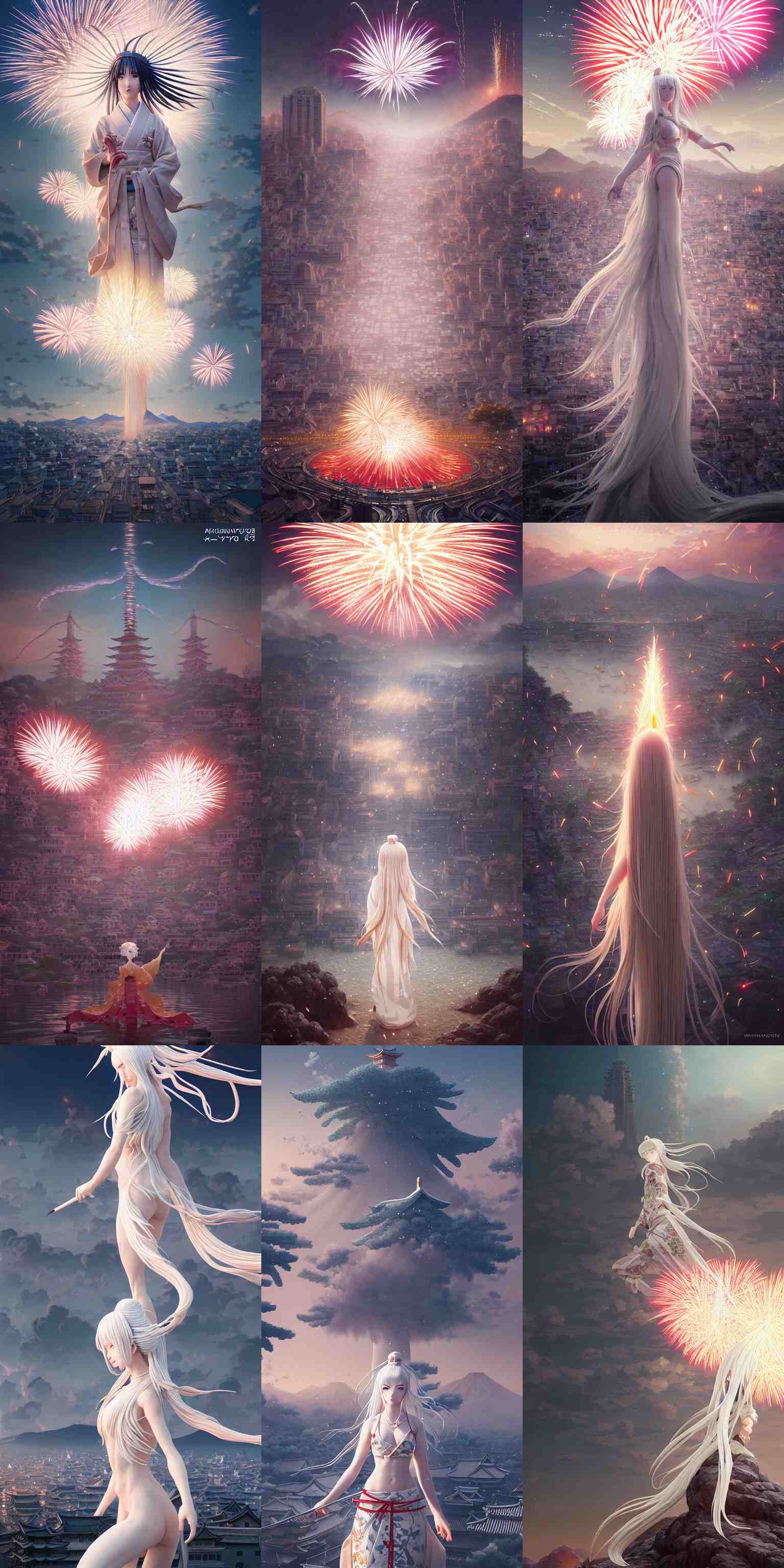 firework festival in ancient japan, white long hair goddess, by kyoto animation, insanely detailed. instagram photo, kodak portra. by wlop, ilya kuvshinov, krenz cushart, greg rutkowski, pixiv. zbrush sculpt, octane, maya, houdini, vfx. huge cityscape. cinematic dramatic atmosphere, sharp focus, volumetric lighting 