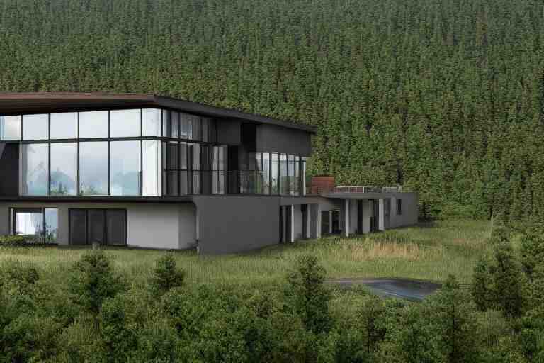 modern modern fachwerk house with in the forest on the foot of Elbrus mountain, architecture, 3d render 8k , high details