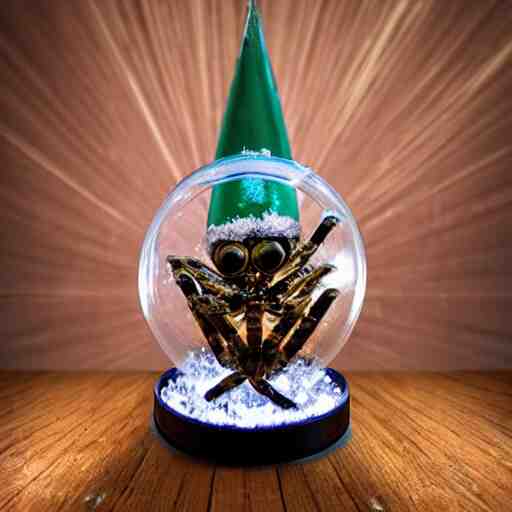 a metal spider with a gnome snow globe head, professional lighting 