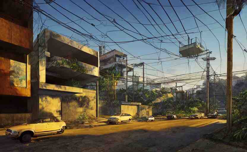 a contemporary modernist favela environment, many wild animals, simplicity, minimalist, elegant, glass panes, billboards, glowing lights, soft ambient lighting, photorealism, unreal engine, art by michael whelan and chris moore and howard david johnson and tim white and dan giancola 