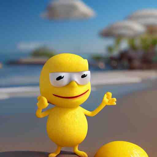 a supercute lemon cartoon character, that is fit and good looking, it's is relaxing on a beach, inspired by dalle - 2, octane render, 3 d, volumetric lightening, 