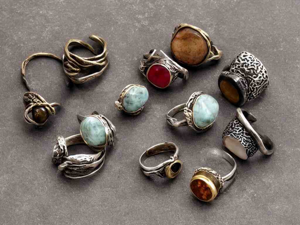 innovative rustic hand made rings hand crafted from silver and brass and natural gemstones