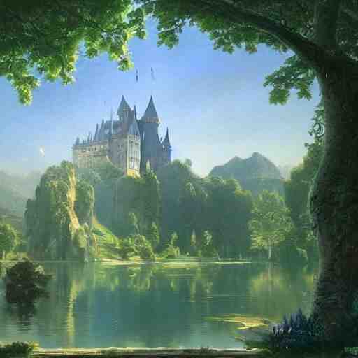 beautiful illustration of a big castle in a serene landscape and a beautiful lake, green grass and trees, blue sky, by albert bierstadt, highly detailed, crystal lighting, mystical, forest, hyperrealistic, 4 k, unreal engine, magical, by joe fenton, by greg rutkowski, by greg tocchini, by kaws, by kate beaton, by kaethe butcher 