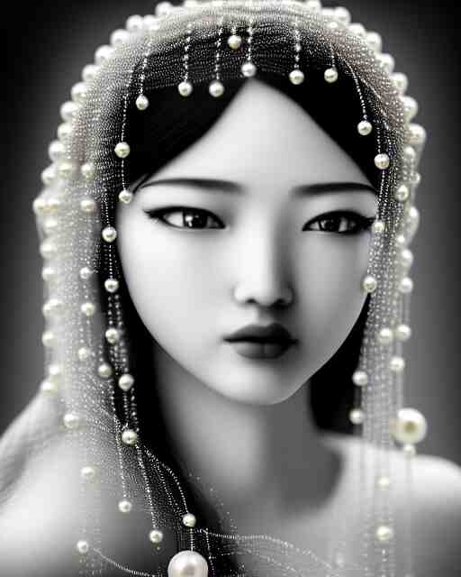 black and white dreamy young beautiful veiled female artificial intelligence, realistic pearl ornament in the face, long hair are intricate with highly detailed realistic pearls, cinematic, rim light, bokeh, photo - realistic, elegant, high detail, 8 k, masterpiece, photo taken in 1 9 3 0 