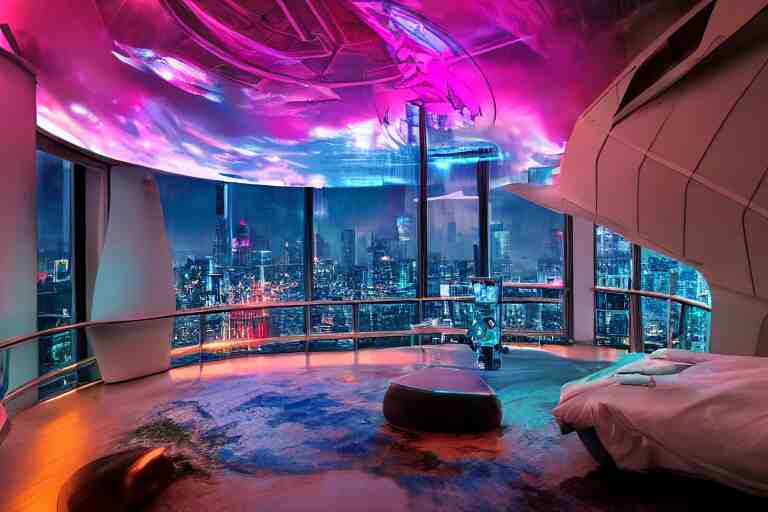 a futuristic bedroom with large curved ceiling high windows looking out to a far future cyberpunk cityscape, cyberpunk neon lights, raining, scifi