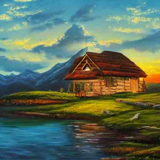 a landscape with a lake in the mountain. sunset. cottage. acrylic painting. 4 k. very detailed. trandint on artstation. masterpiece. shadows. 