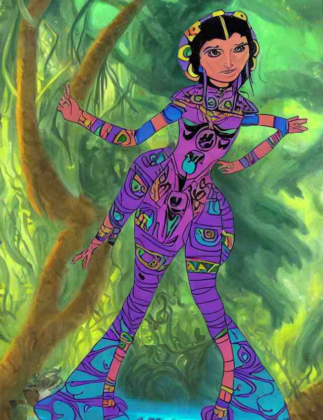 aztec scifi princess of the fungus rainforest, wearing a lovely dress. this oil painting by the beloved children's comic artist has an interesting color scheme and impeccable lighting. 