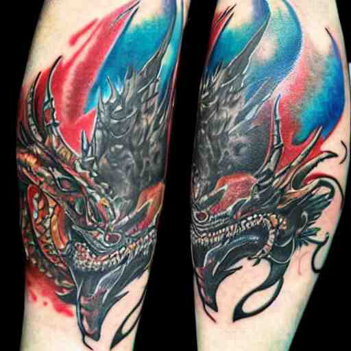 dark and vibrant spiraling fantasy dragon drake wyvern, forearm tattoo