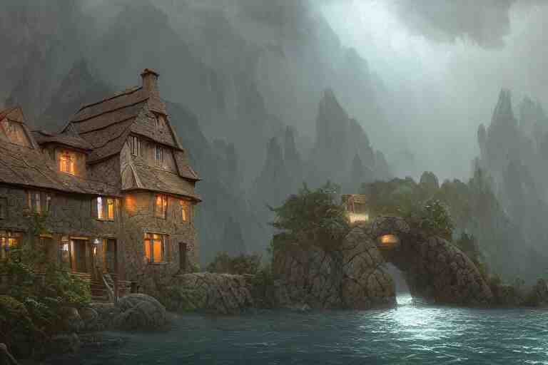 a typical european house with a slate roof, submerged under the water of the acean, school of fishes, scenic view, matte painting by christophe vacher and hubert robert, trending on artstation 