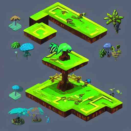 concept art 2 d mobile game asset is an isometric staircase with an organic isometric design based on bioluminescent alien - like plants inspired by the avatar's bioluminescent alien nature. around the stair, we can see plants that glow in the dark. all in isometric perspective and semi - realistic style item is in a black background 