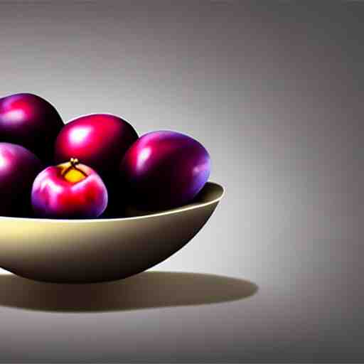 concept art drawing of a single thick porcelain bowl filled with a few moist freshly picked plums on a wooden table. volumetric lighting. small scale. artistic. top down. 