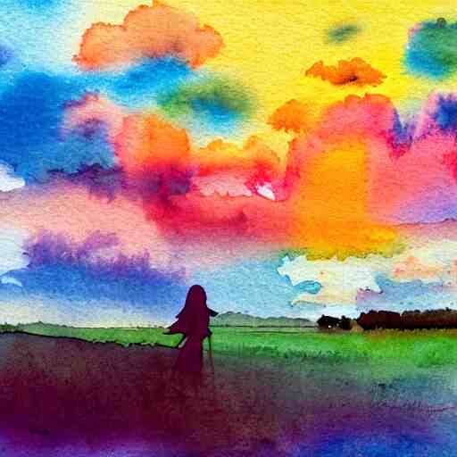 silhouette of a girl in a field of wheat, colorful clouds in the sky, watercolor