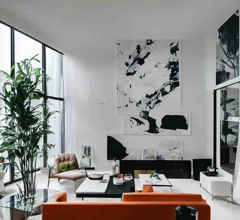 interior of luxury condominium with minimalist furniture and lush house plants and abstract wall paintings | modern architecture by makoto shinkai, ilya kuvshinov, lois van baarle, rossdraws and frank lloyd wright 