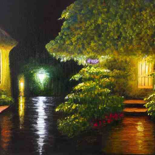 a painting of rain in a garden at night 