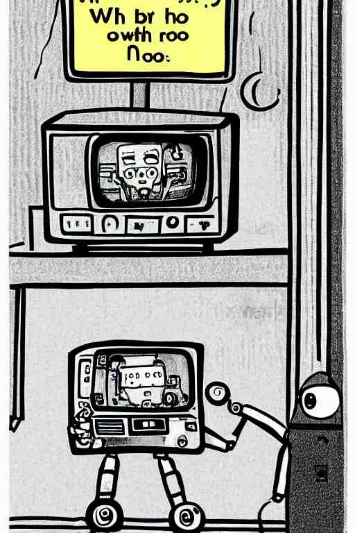 an illustration of robots watching tv in the style of goodnight moon by margaret wise brown 