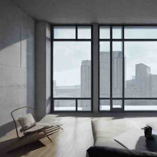 brutalist penthouse open living room, big windows, showing city landscape on background, minimalist architecture, minimalist furniture, octane render, high quality, 8 k, post production 