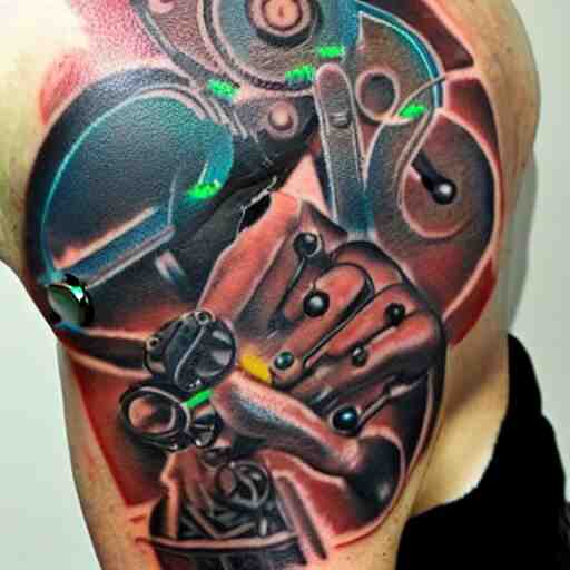 bodybuilder with a full body tattoo of a 3 d hole in the skin with a shiny multicolored metallic gears and tubes robotic mechanics inside under the skin, insanely integrate, 