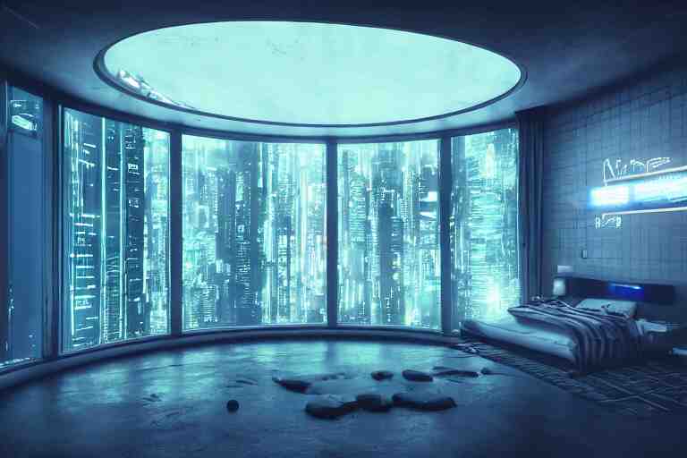 a futuristic bedroom with large curved ceiling high windows looking out to a far future cyberpunk cityscape, cyberpunk neon lights, raining, scifi