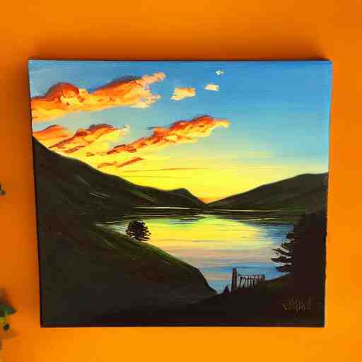 a landscape with a lake in the mountain. sunset. cottage. acrylic painting. 4 k. very detailed. trandint on artstation. masterpiece. shadows. 